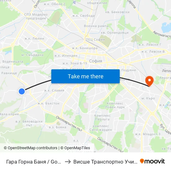 Гара Горна Баня / Gorna Banya Train Station to Висше Транспортно Училище Тодор Каблешков map