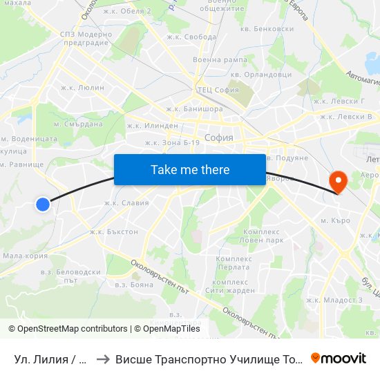 Ул. Лилия / Liliya St. to Висше Транспортно Училище Тодор Каблешков map
