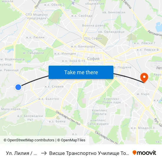 Ул. Лилия / Liliya St. to Висше Транспортно Училище Тодор Каблешков map