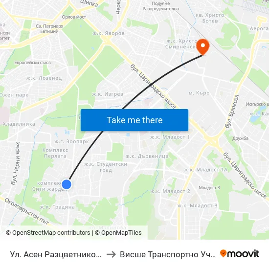 Ул. Асен Разцветников / Asen Raztsvetnikov St. to Висше Транспортно Училище Тодор Каблешков map