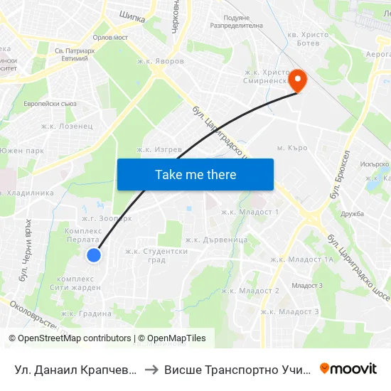 Ул. Данаил Крапчев / Danail Krapchev St. to Висше Транспортно Училище Тодор Каблешков map