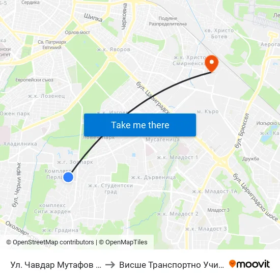 Ул. Чавдар Мутафов / Chavdar Mutafov St. to Висше Транспортно Училище Тодор Каблешков map