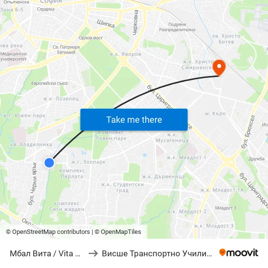 Мбал Вита / Vita Hospital (2784) to Висше Транспортно Училище Тодор Каблешков map