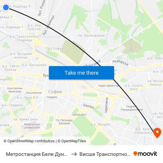 Метростанция Бели Дунав / Beli Dunav Metro Station (6708) to Висше Транспортно Училище Тодор Каблешков map