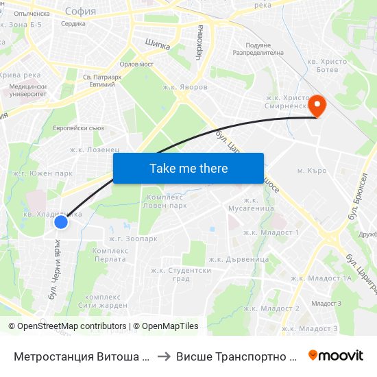 Метростанция Витоша / Vitosha Metro Station (0911) to Висше Транспортно Училище Тодор Каблешков map