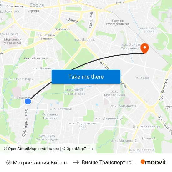 Ⓜ️ Метростанция Витоша / Vitosha Metro Station (0911) to Висше Транспортно Училище Тодор Каблешков map