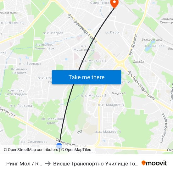 Ринг Мол / Ring Mall to Висше Транспортно Училище Тодор Каблешков map