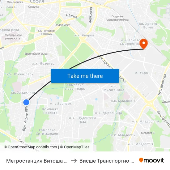 Ⓜ️ Метростанция Витоша / Vitosha Metro Station (2780) to Висше Транспортно Училище Тодор Каблешков map