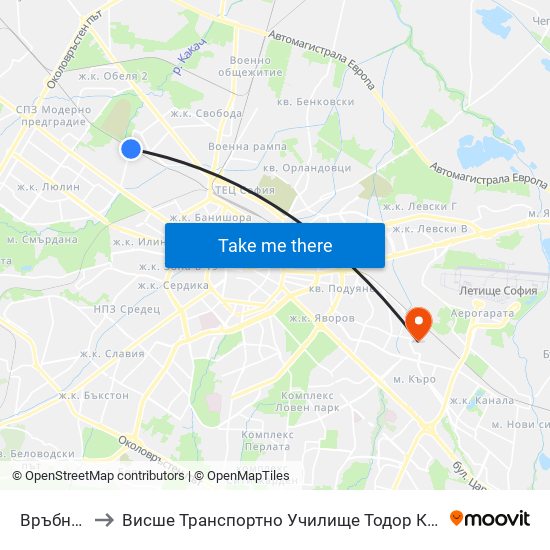 Връбница to Висше Транспортно Училище Тодор Каблешков map