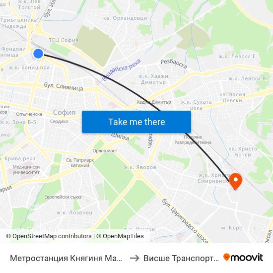 Метростанция Княгиня Мария Луиза / Kn. Maria Luisa Metro Station (6430) to Висше Транспортно Училище Тодор Каблешков map