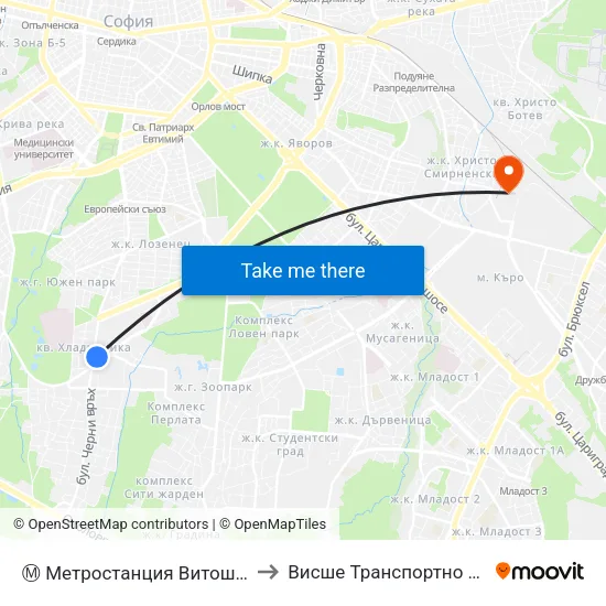Ⓜ️ Метростанция Витоша / Vitosha Metro Station (0910) to Висше Транспортно Училище Тодор Каблешков map