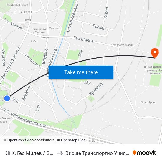 Ж.К. Гео Милев / Geo Milev Qr. (2595) to Висше Транспортно Училище Тодор Каблешков map