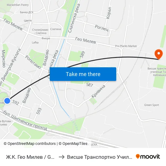 🚌 Ж.К. Гео Милев / Geo Milev Qr. (2595) to Висше Транспортно Училище Тодор Каблешков map