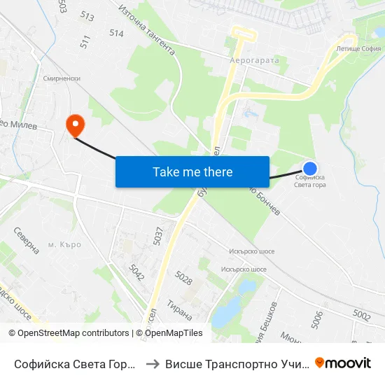 Софийска Света Гора /  Sofiyska Sveta Gora to Висше Транспортно Училище Тодор Каблешков map