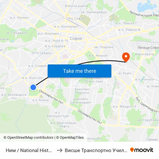 Ним / National History Museum (2458) to Висше Транспортно Училище Тодор Каблешков map