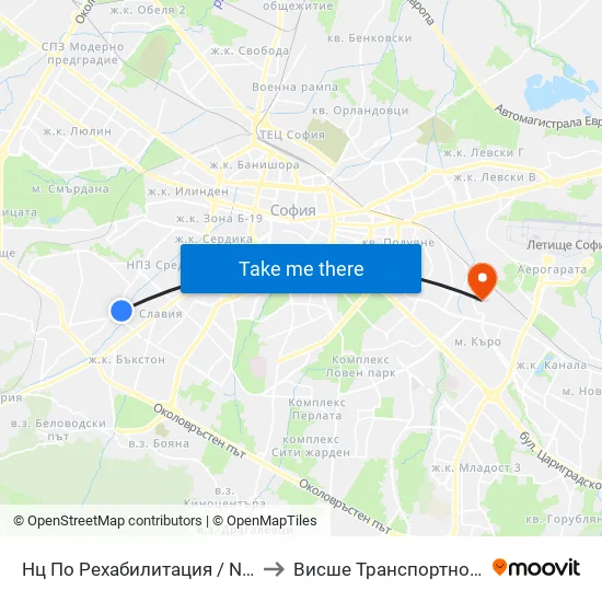 Нц По Рехабилитация / National Rehabilitation Centre (0094) to Висше Транспортно Училище Тодор Каблешков map