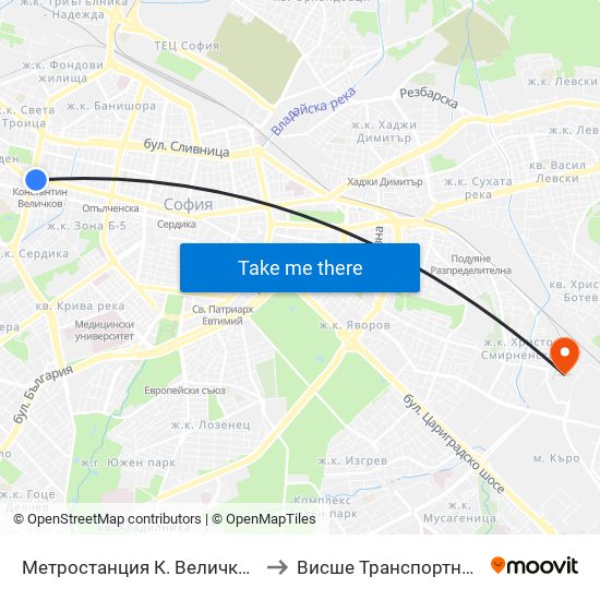 Метростанция К. Величков / K. Velichkov Metro Station (6221) to Висше Транспортно Училище Тодор Каблешков map