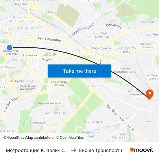 Ⓜ️ Метростанция К. Величков / K. Velichkov Metro Station (6221) to Висше Транспортно Училище Тодор Каблешков map