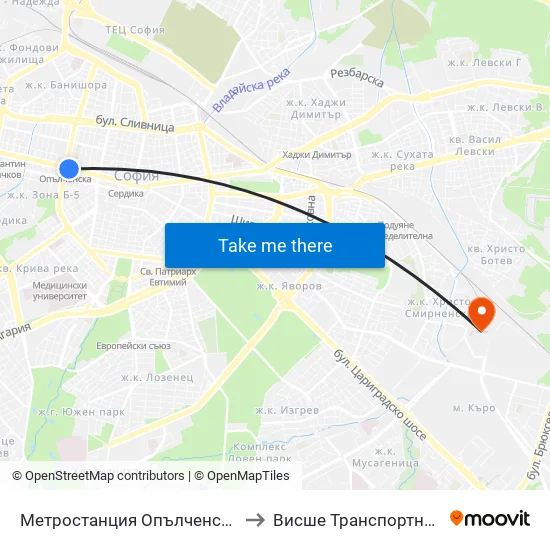 Ⓜ️ Метростанция Опълченска / Opalchenska Metro Station (6408) to Висше Транспортно Училище Тодор Каблешков map