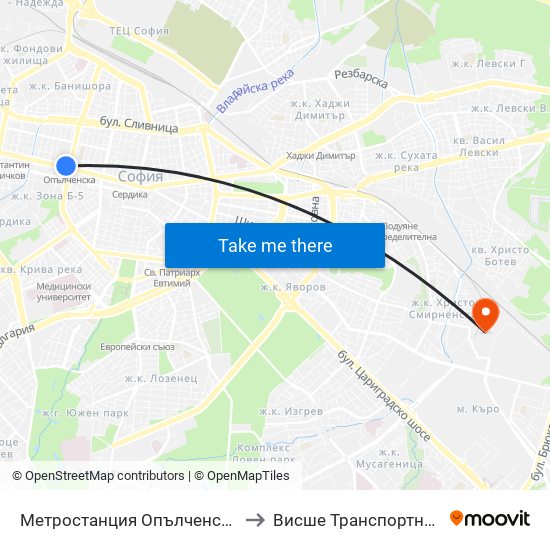 Метростанция Опълченска / Opalchenska Metro Station (6407) to Висше Транспортно Училище Тодор Каблешков map