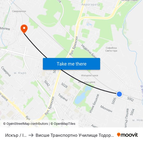 Искър / Iskar to Висше Транспортно Училище Тодор Каблешков map