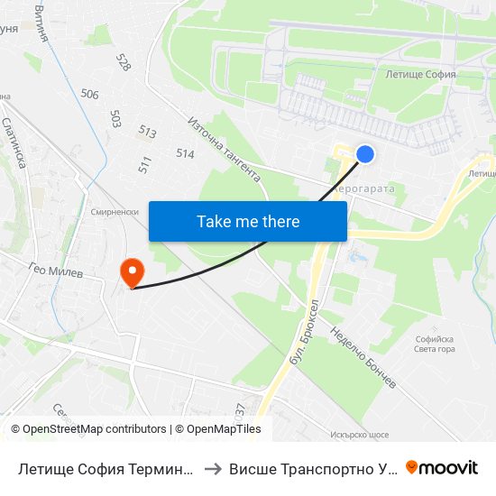 Летище София Терминал 1 / Sofia Airport Terminal 1 to Висше Транспортно Училище Тодор Каблешков map