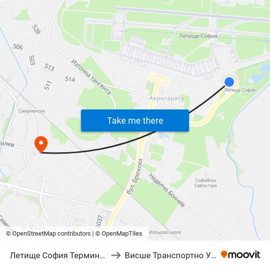 Летище София Терминал 2 / Sofia Airport Terminal 2 to Висше Транспортно Училище Тодор Каблешков map