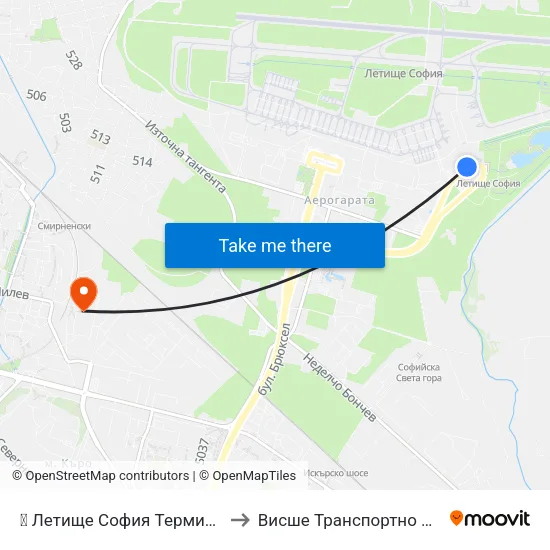 ✈️ Летище София Терминал 2 / Sofia Airport Terminal 2 to Висше Транспортно Училище Тодор Каблешков map