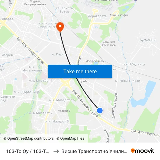 163-То Оу / 163-Th School (0015) to Висше Транспортно Училище Тодор Каблешков map