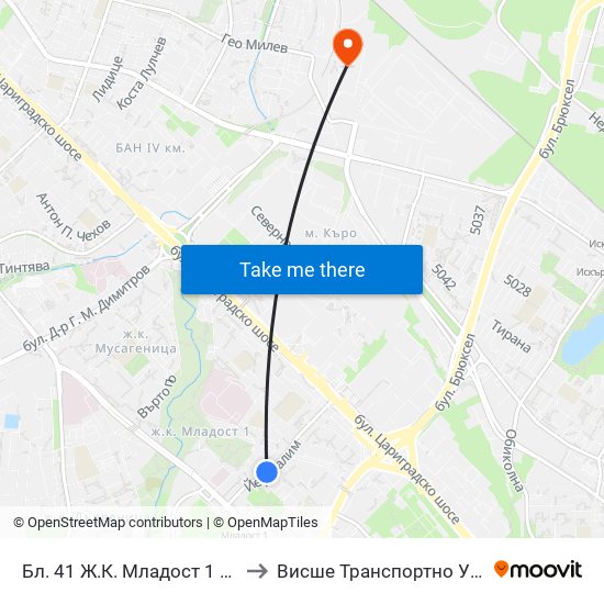 Бл. 41 Ж.К. Младост 1 / Bl. 41, Mladost 1 Qr. (0210) to Висше Транспортно Училище Тодор Каблешков map