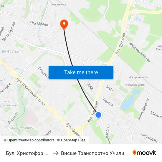 Бул. Христофор Колумб (0373) to Висше Транспортно Училище Тодор Каблешков map