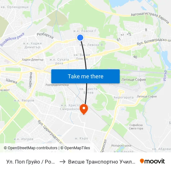 Ул. Поп Груйо / Pop Gruyu St. (2124) to Висше Транспортно Училище Тодор Каблешков map