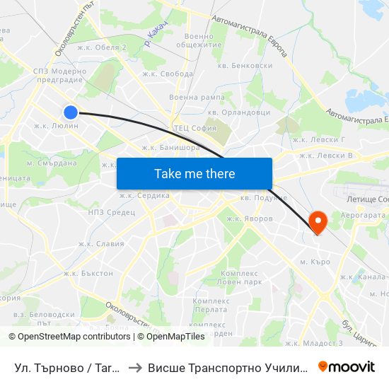 Ул. Търново / Tarnovo St. (2221) to Висше Транспортно Училище Тодор Каблешков map