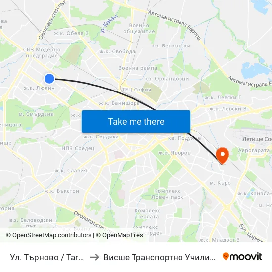 Ул. Търново / Tarnovo St. (2221) to Висше Транспортно Училище Тодор Каблешков map