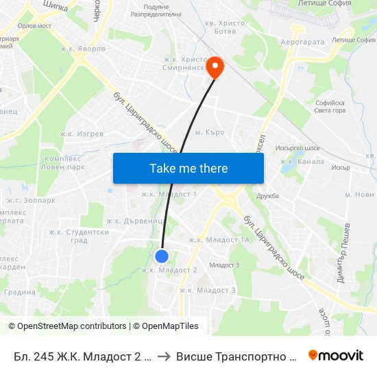 Бл. 245 Ж.К. Младост 2 / Bl. 245, Mladost 2 Qr. (2677) to Висше Транспортно Училище Тодор Каблешков map