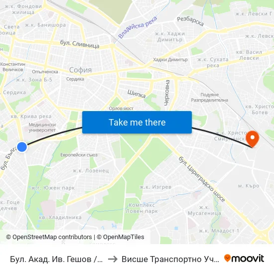 Ⓜ️ Бул. Акад. Ив. Гешов / Ivan Geshov Blvd. (2805) to Висше Транспортно Училище Тодор Каблешков map