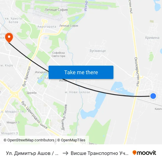 Ул. Димитър Ашов / Dimitar Ashov St. (2757) to Висше Транспортно Училище Тодор Каблешков map