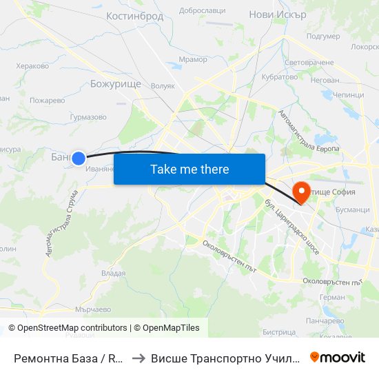 Ремонтна База / Repair Base (6246) to Висше Транспортно Училище Тодор Каблешков map