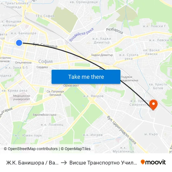 Ж.К. Банишора / Banishora Qr. (0803) to Висше Транспортно Училище Тодор Каблешков map