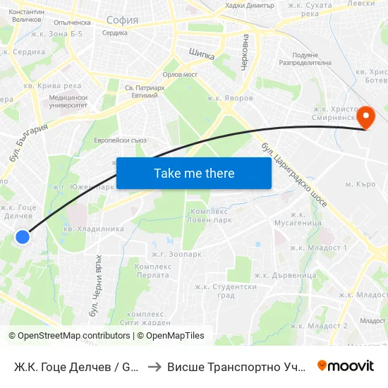 Ж.К. Гоце Делчев / Gotse Delchev Qr. (0600) to Висше Транспортно Училище Тодор Каблешков map