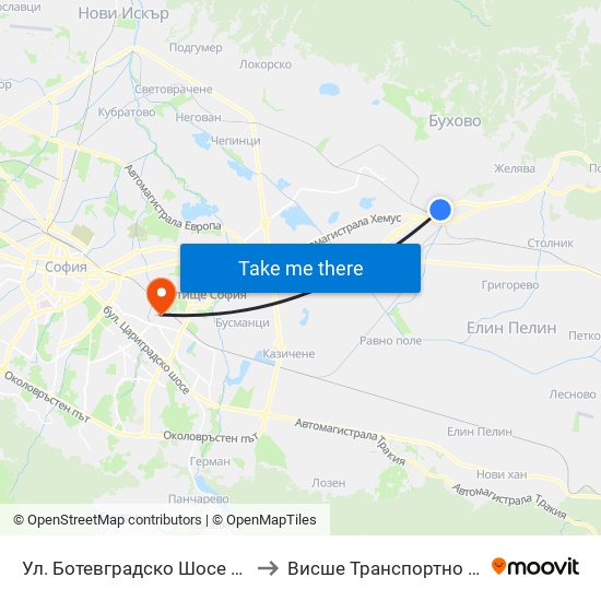 Ул. Ботевградско Шосе / Botevgradsko Shosse St. (2816) to Висше Транспортно Училище Тодор Каблешков map