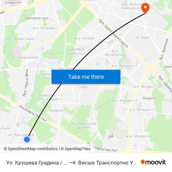 Ул. Крушева Градина / Krusheva Gradina St (6705) to Висше Транспортно Училище Тодор Каблешков map