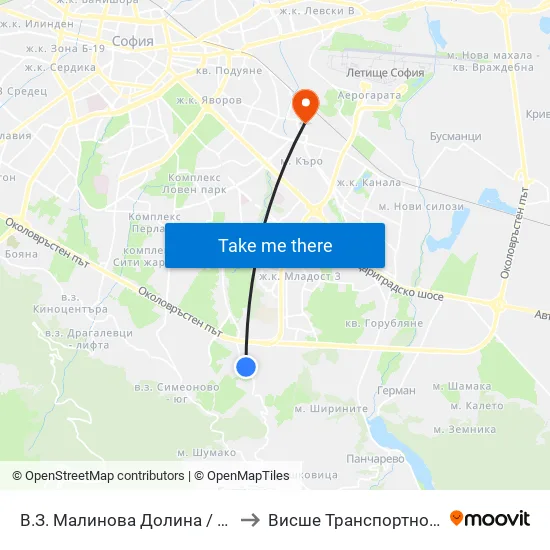 В.З. Малинова Долина / Malinova Dolina Village Zone (2824) to Висше Транспортно Училище Тодор Каблешков map