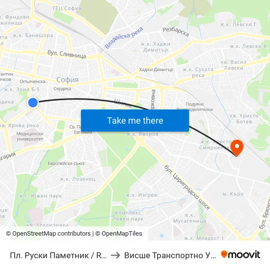 Пл. Руски Паметник / Russian Monument Sq. (1300) to Висше Транспортно Училище Тодор Каблешков map