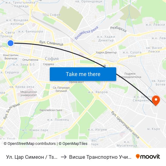 Ул. Цар Симеон / Tsar Simeon St. (2250) to Висше Транспортно Училище Тодор Каблешков map