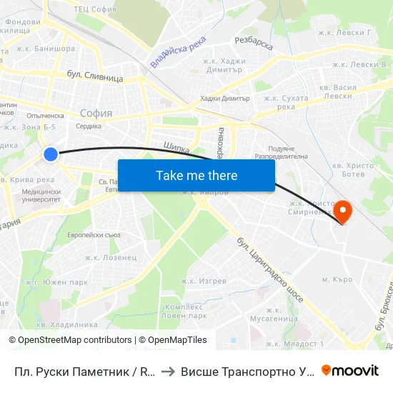 Пл. Руски Паметник / Russian Monument Sq. (1297) to Висше Транспортно Училище Тодор Каблешков map
