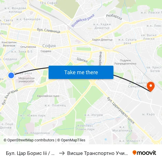 Бул. Цар Борис Ііі / Boris III Blvd. (0393) to Висше Транспортно Училище Тодор Каблешков map