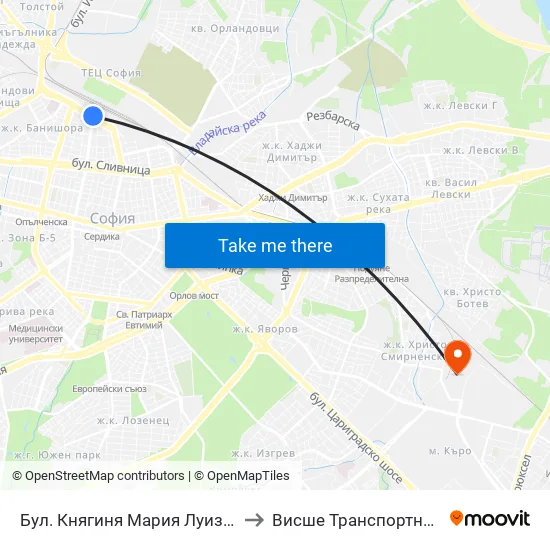 Бул. Княгиня Мария Луиза / Knyaginya Maria Luiza Blvd. (2829) to Висше Транспортно Училище Тодор Каблешков map