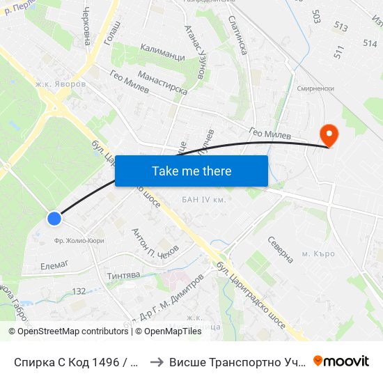 Спирка С Код 1496 / Bus Stop With Code 1496 to Висше Транспортно Училище Тодор Каблешков map