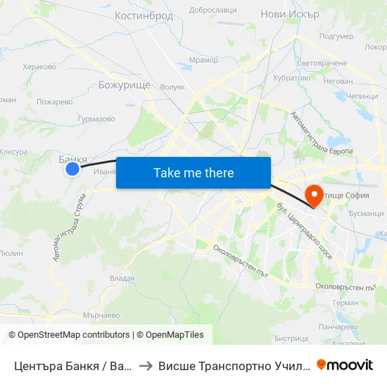 Центъра Банкя / Bankya Centre (6297) to Висше Транспортно Училище Тодор Каблешков map